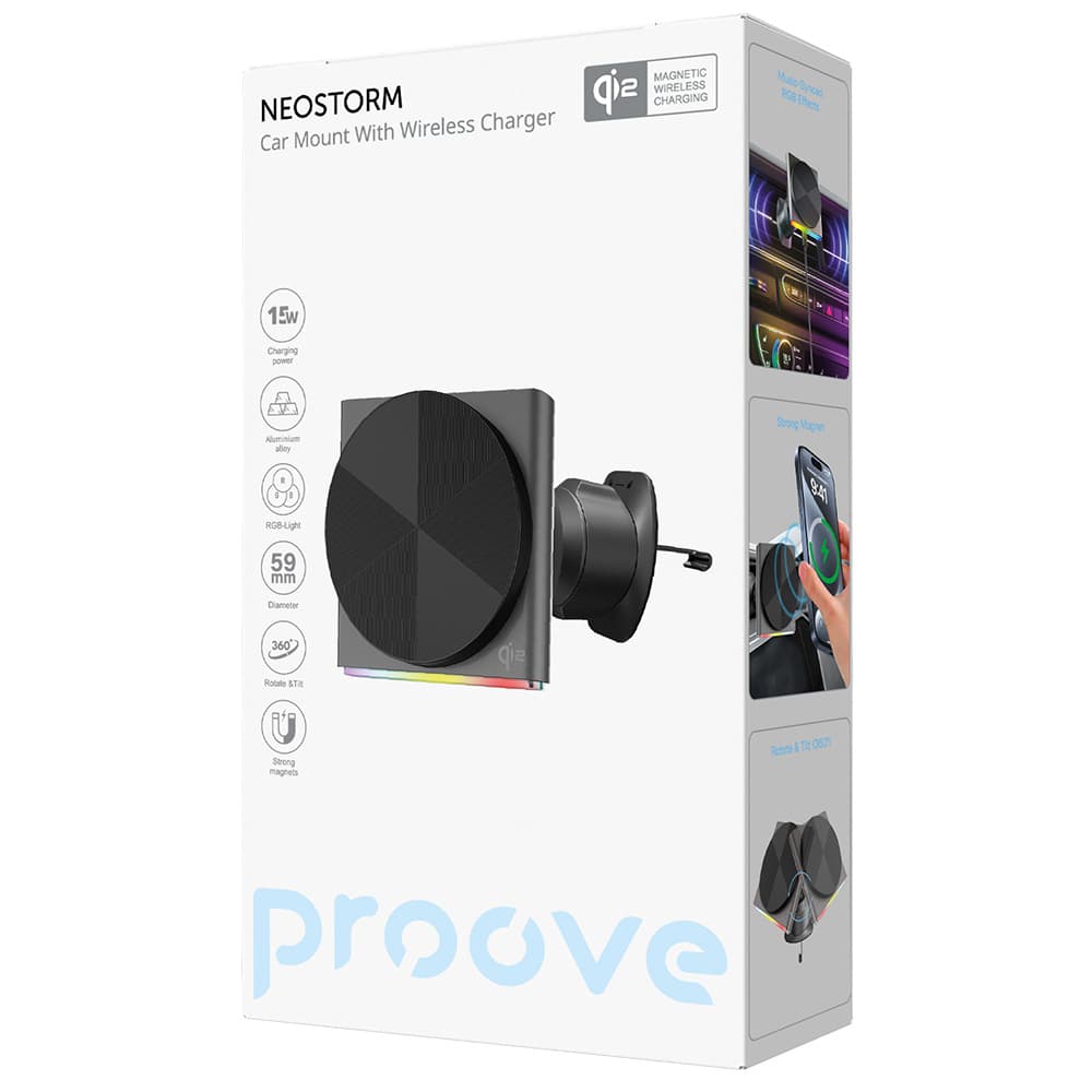 Proove - Βάση Αυτοκινήτου με Ασύρματη Φόρτιση Neostorm (WHNS15002003) - για Αεραγωγό, Μαγνητική, Qi2, 15W, RGB, Αλουμινίου - Γκρι 6