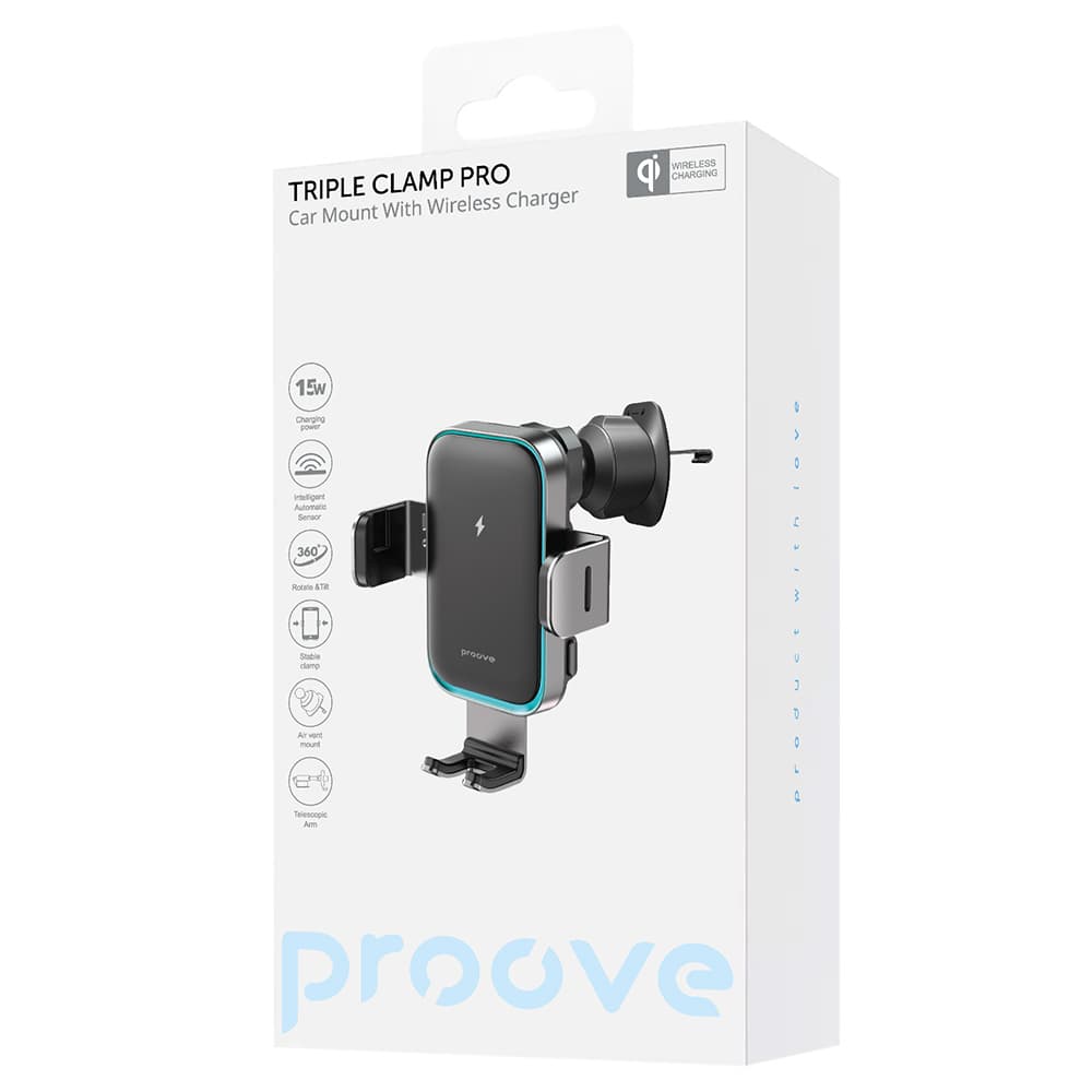 Proove - Βάση Αυτοκινήτου με Ασύρματη Φόρτιση Triple Clamp Pro (WHTP15010004) - Βάση 2 σε 1, Αυτόματη, LED, Qi2 15W - Μεταλλικό Γκρι 7