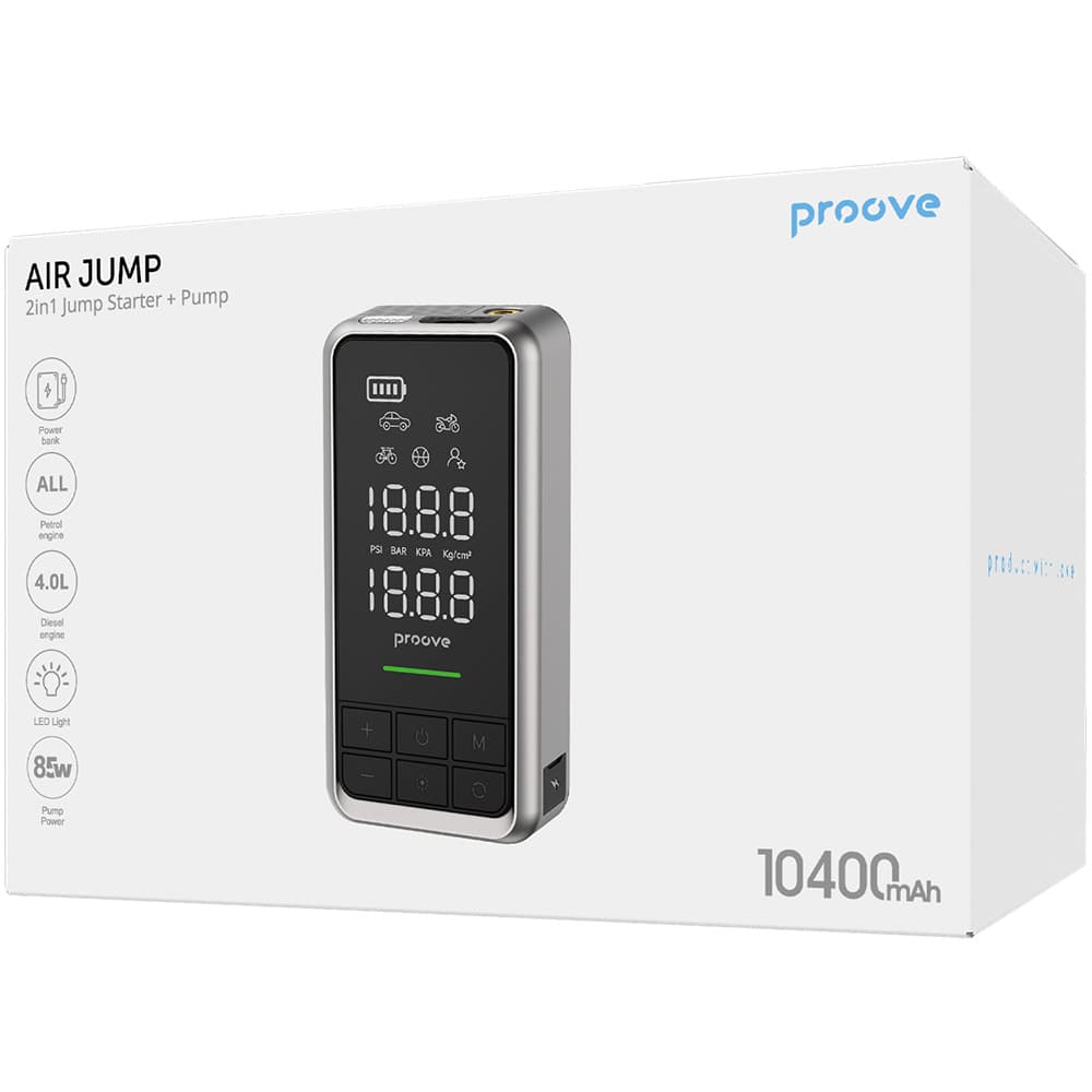 Proove - Εκκινητής Αυτοκινήτου (JSAP10400203) - 2 σε 1 Αεροδυναμική Αντλία + Αντλία, 10400mAh, 1000A - Γκρι 6