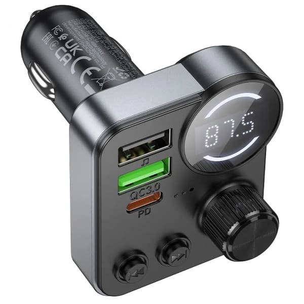 Πομπός FM Bluetooth και φορτιστής αυτοκινήτου Hoco E86, 2 x USB-A - 1 x USB-C - 1 x microSD, Μαύρο 3