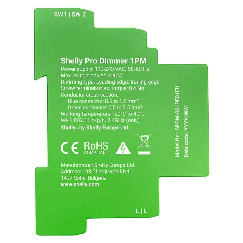 Shelly Pro Dimmer Έξυπνος διακόπτης ράγας 1 DIN, 1 κανάλι 2