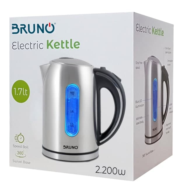BRUNO ηλεκτρικός βραστήρας BRN-0028, 2200W, 1.7lt, βάση 360°, LED 3