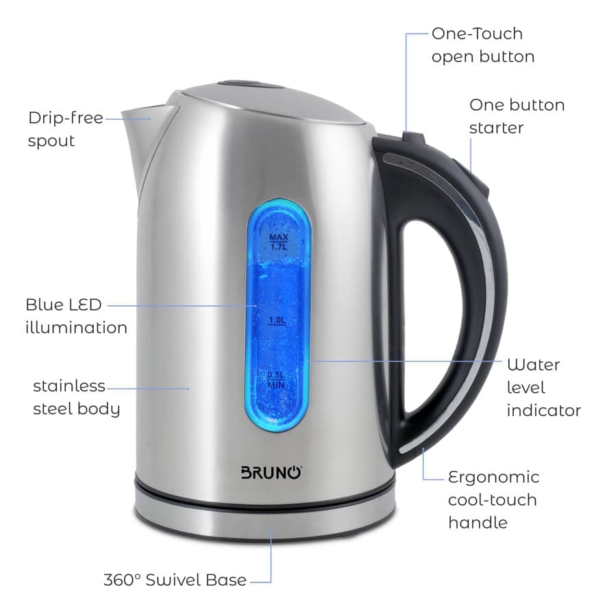 BRUNO ηλεκτρικός βραστήρας BRN-0028, 2200W, 1.7lt, βάση 360°, LED 4