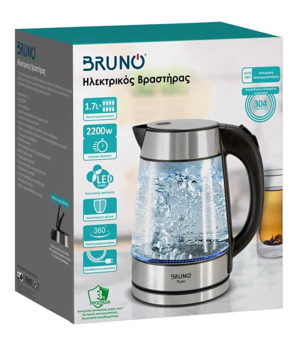 BRUNO βραστήρας νερού BRN-0143, 1.7L, 2200W, γυάλινος-Inox 7