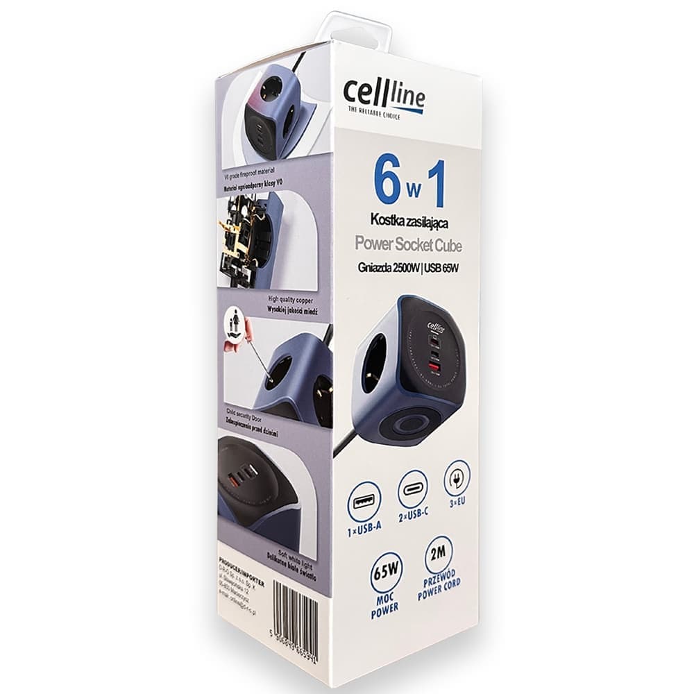 Πρίζα Cellline 6 σε 1 2500W USB/2xUSB-C 65W μπλε 10