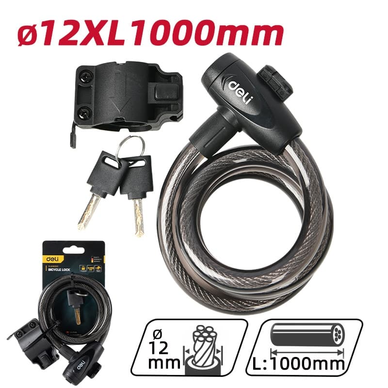 DELI κλειδαριά ποδηλάτου με κλειδί DL508062, Φ12mm, 1m, μαύρη 4