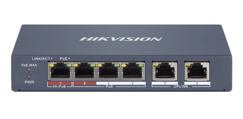 Διαχειριζόμενος διακόπτης HIKVISION DS-3E1106HP-EI, 4 θύρες PoE και 2 θύρες RJ45, 100Mbps