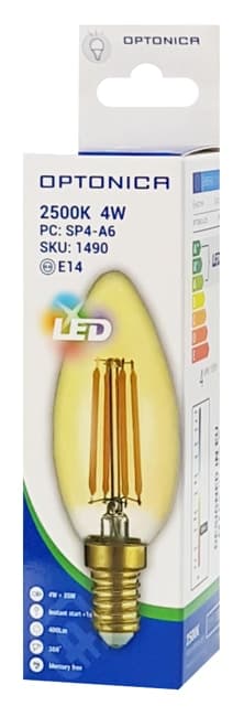 OPTONICA LED λάμπα Candle C35 Filament 1490, 4W, 2500K, E14, 400lm 2
