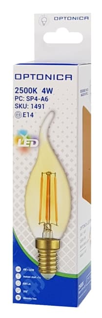 OPTONICA LED λάμπα Candle T35 Filament 1491, 4W, 2500K, E14, 400lm 2