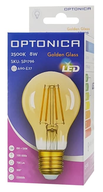 OPTONICA LED λάμπα A60 Filament 1796, 8W, 2500K, E27, 700lm 2