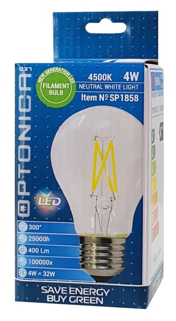 OPTONICA LED λάμπα A60 Filament 1858, 4W, 4500K, E27, 400lm 2