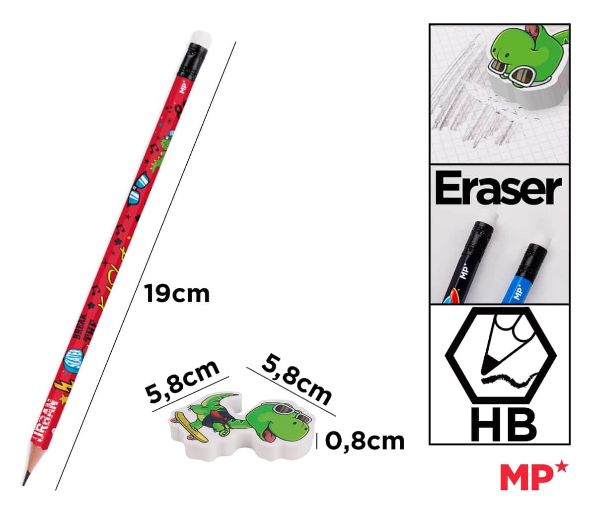 MP σετ ξύλινα μολύβια & γόμα Kid Skate PE356-03, εξάγωνα, HB, 5τμχ 2