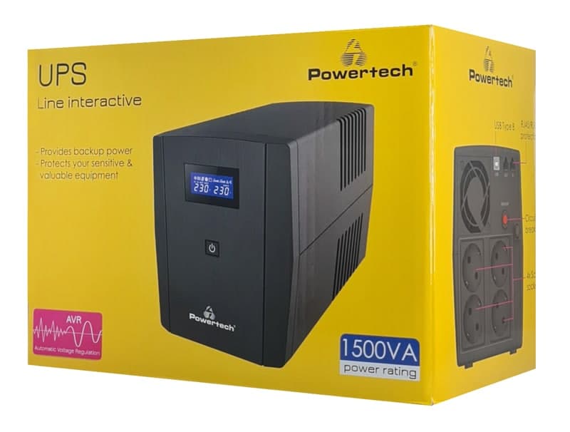 POWERTECH UPS Line Interactive PT-1297 με οθόνη, 1500VA, 900W, 4x Schuko, 2x RJ45/RJ11, USB Type B 3