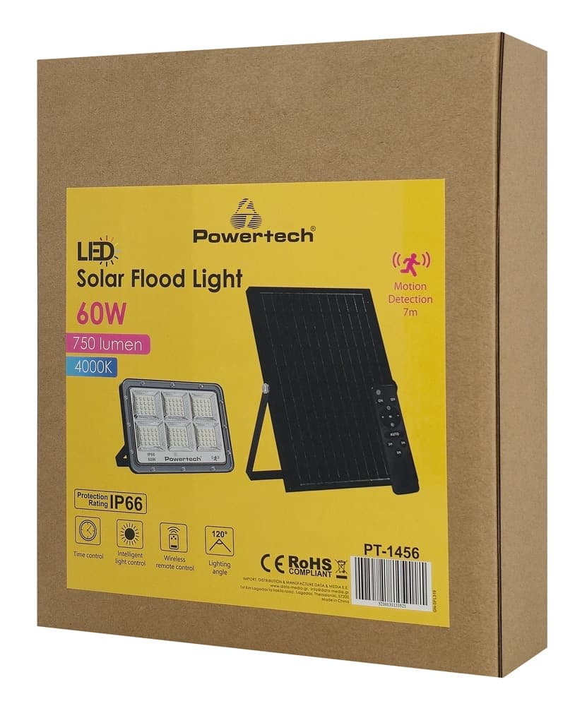 POWERTECH LED ηλιακός προβολέας PT-1456 με τηλεχειριστήριο, αισθητήρας κίνησης, 60W, 4000K, 750lm, IP66 2