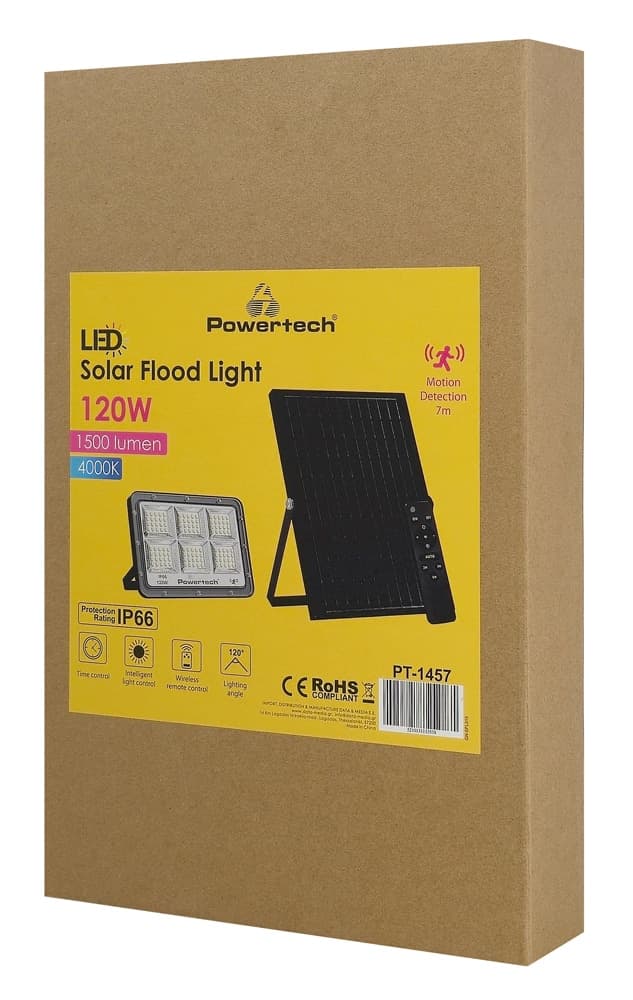 POWERTECH LED ηλιακός προβολέας PT-1457 με τηλεχειριστήριο, αισθητήρας κίνησης, 120W, 4000K, 1500lm, IP66 2