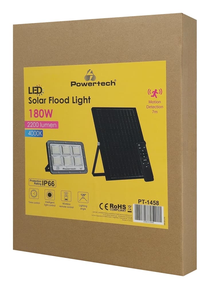 POWERTECH LED ηλιακός προβολέας PT-1458 με τηλεχειριστήριο, αισθητήρας κίνησης, 180W, 4000K, 2000lm, IP66 2