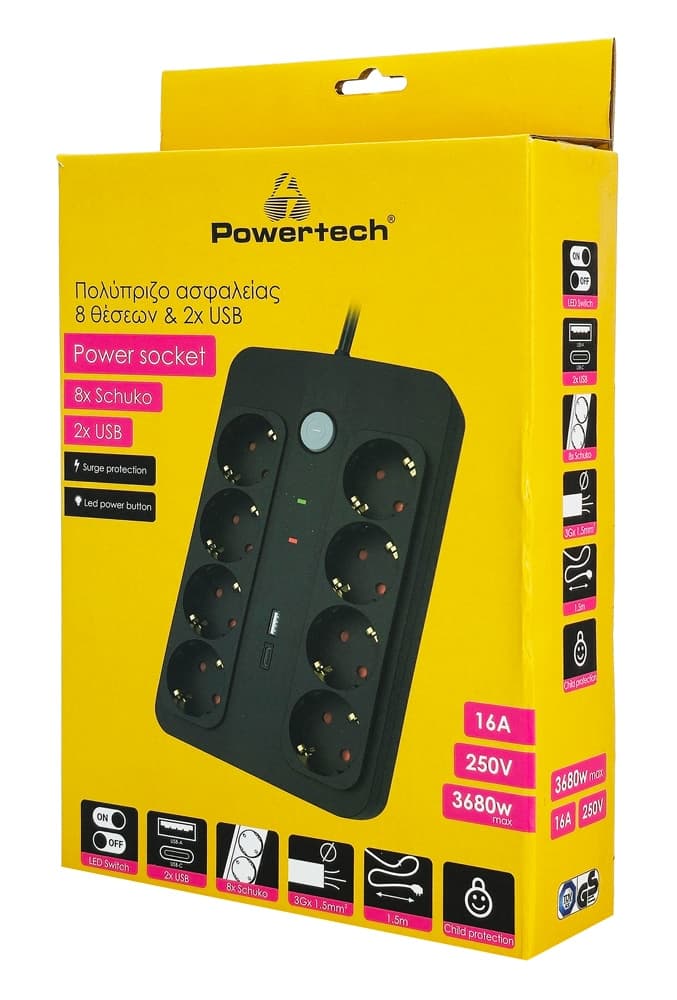 POWERTECH πολύπριζο ασφαλείας PT-1535, 8 θέσεων, με USB & USB-C θύρες, 16A, 1.5m, μαύρο 4