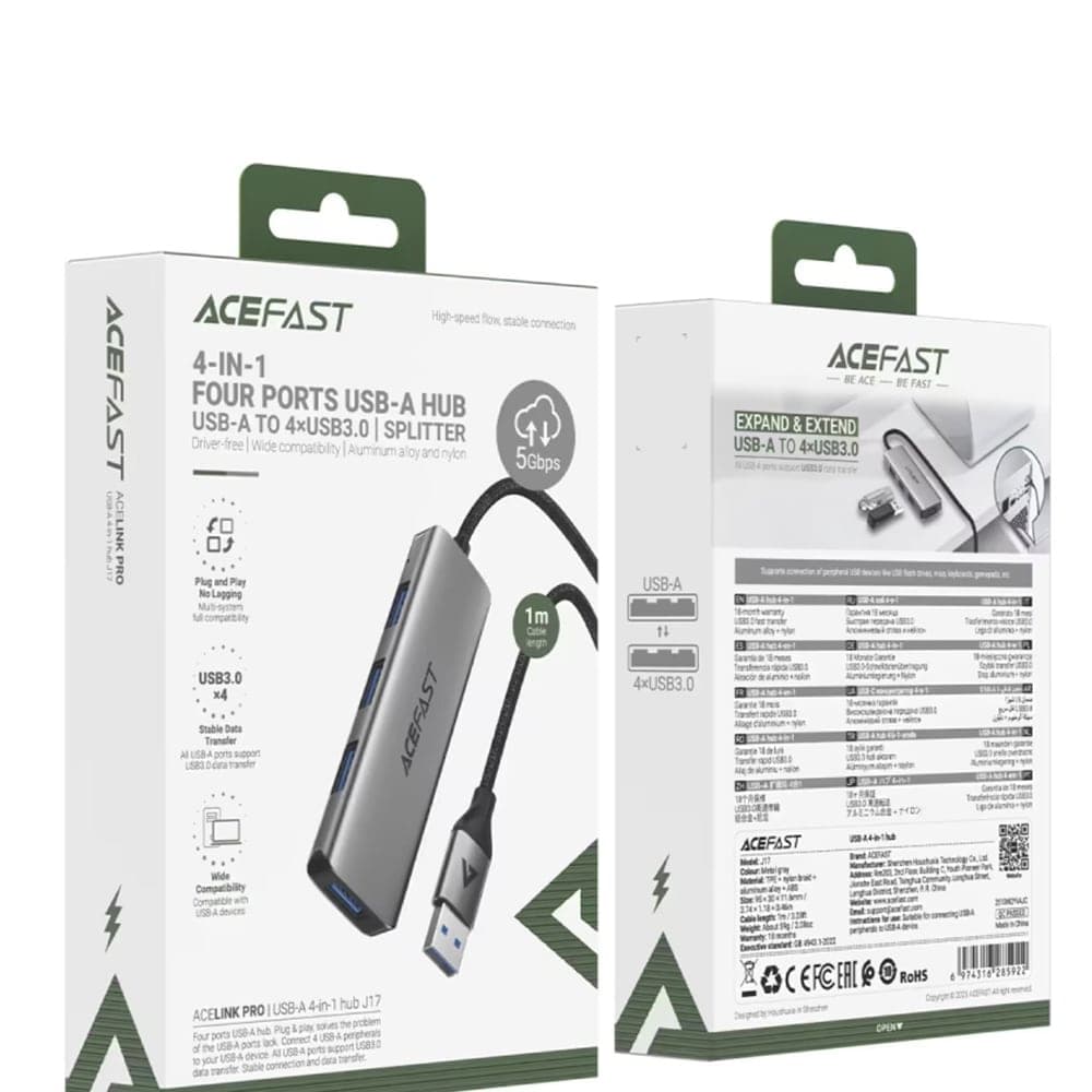 Acefast - Hub 4 σε 1 (J17) - 4 x USB3.0, 5Gbps, Plug & Play, Κράμα αλουμινίου, 5V/3A, Καλώδιο USB, 1m - Μεταλλικό γκρι 6