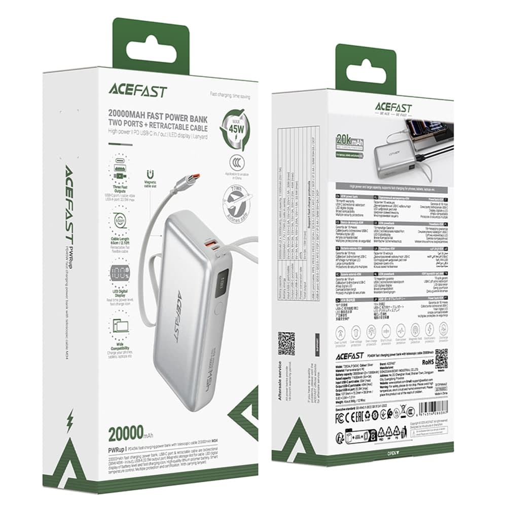 Acefast - Power Bank (M34) - με τηλεσκοπικό καλώδιο, Type-C, γρήγορη φόρτιση, PD45W, 20000mAh - Ασημί 6