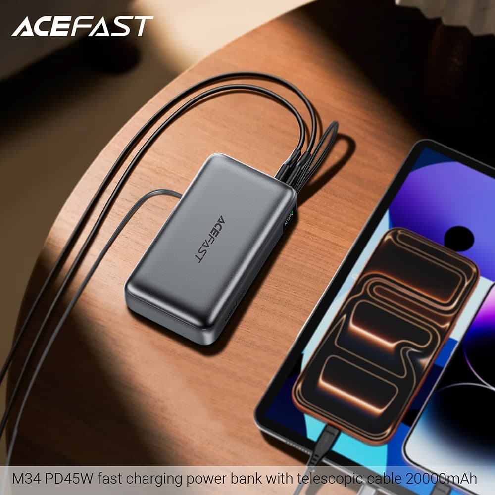 Acefast - Power Bank (M34) - με τηλεσκοπικό καλώδιο, Type-C, γρήγορη φόρτιση, PD45W, 20000mAh - Ασημί 5