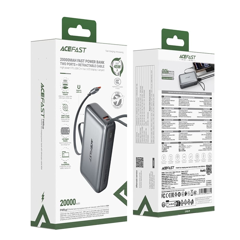 Acefast - Power Bank (M34) - με τηλεσκοπικό καλώδιο, Type-C, γρήγορη φόρτιση, PD45W, 20000mAh - Γκρι 6