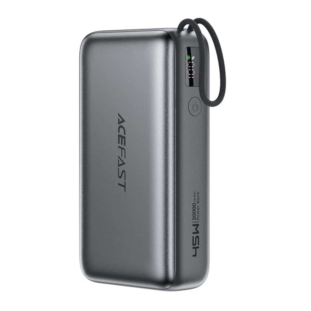 Acefast - Power Bank (M34) - με τηλεσκοπικό καλώδιο, Type-C, γρήγορη φόρτιση, PD45W, 20000mAh - Γκρι