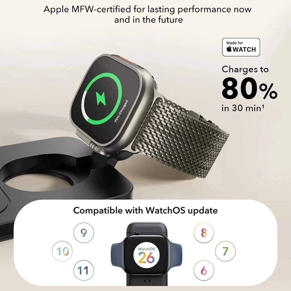ESR - Σταθμός φόρτισης CryoBoost 3 σε 1 (2C590) - για συσκευές Apple, με προσαρμογέα 65W, πτυσσόμενο, γρήγορη φόρτιση, Qi2, 25W - Μαύρο 3