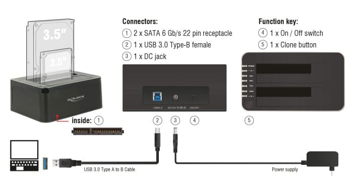 DELOCK docking station για 2.5" ή 3.5" SATA HDD/SSD 62661, 2 θέσεων, 6Gbps, clone function, μαύρο 4