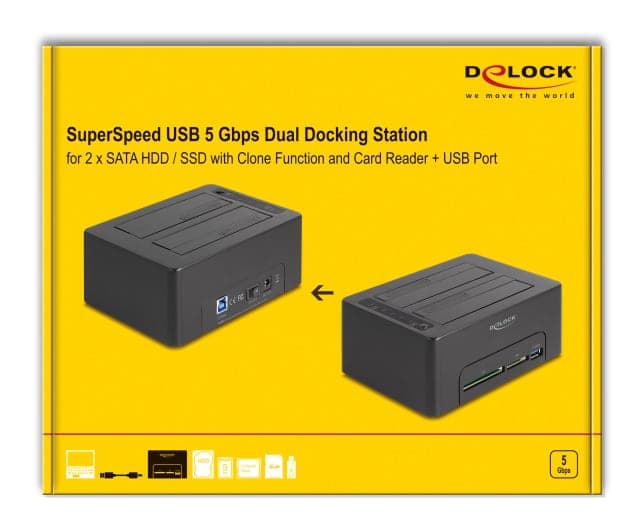 DELOCK docking station για 2.5" ή 3.5" SATA HDD/SSD 64183, 2 θέσεων, με card reader, 5Gbps, clone function, μαύρο 6