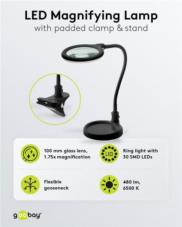 GOOBAY μεγεθυντικός φακός 64990 με κλιπ & βάση, LED, 3 διόπτρες 1.75x 3