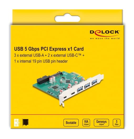 DELOCK κάρτα επέκτασης PCIe x1 σε 3x USB/2x USB-C/19-pin 90109, 5Gbps 4