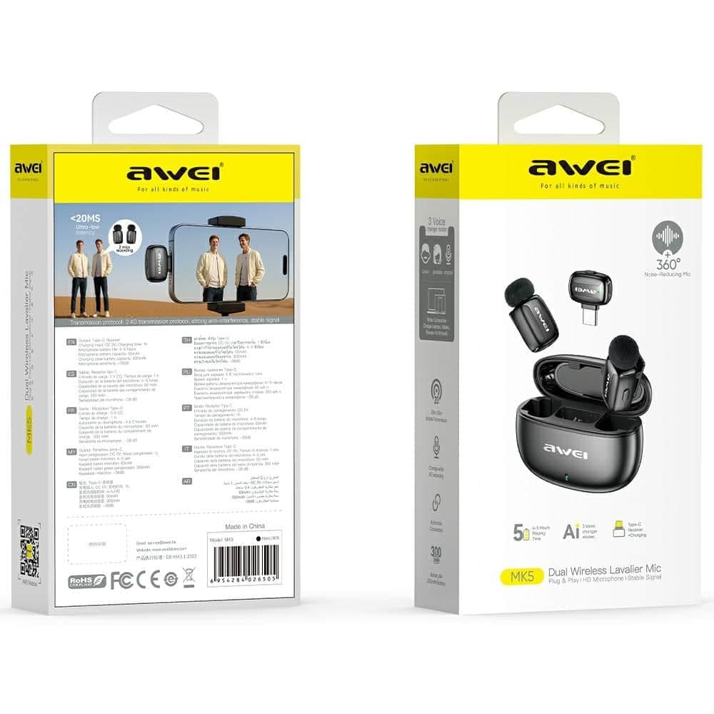 Ασύρματο μικρόφωνο AWEI MK5 Duo Ai-Voice, μαύρο 2