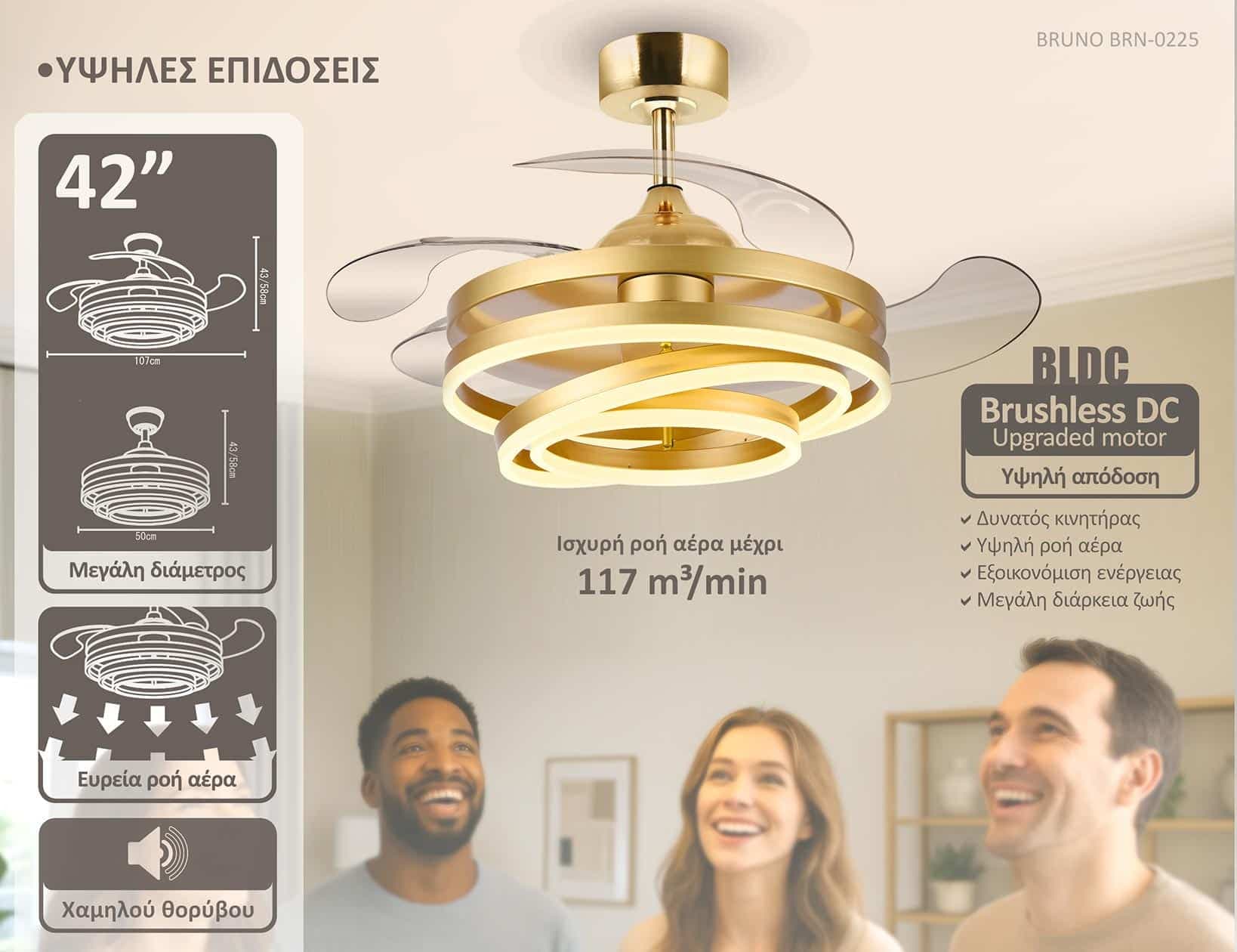 BRUNO ανεμιστήρας οροφής με LED φως BRN-0225, AC 122W, 42", Φ107x47εκ, χρυσός 3