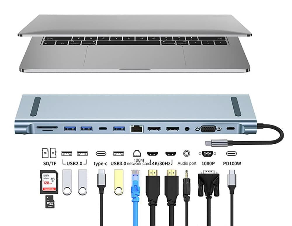 POWERTECH docking station BYL-2003U2, 12 θυρών, βάση laptop, USB-C, γκρι 2