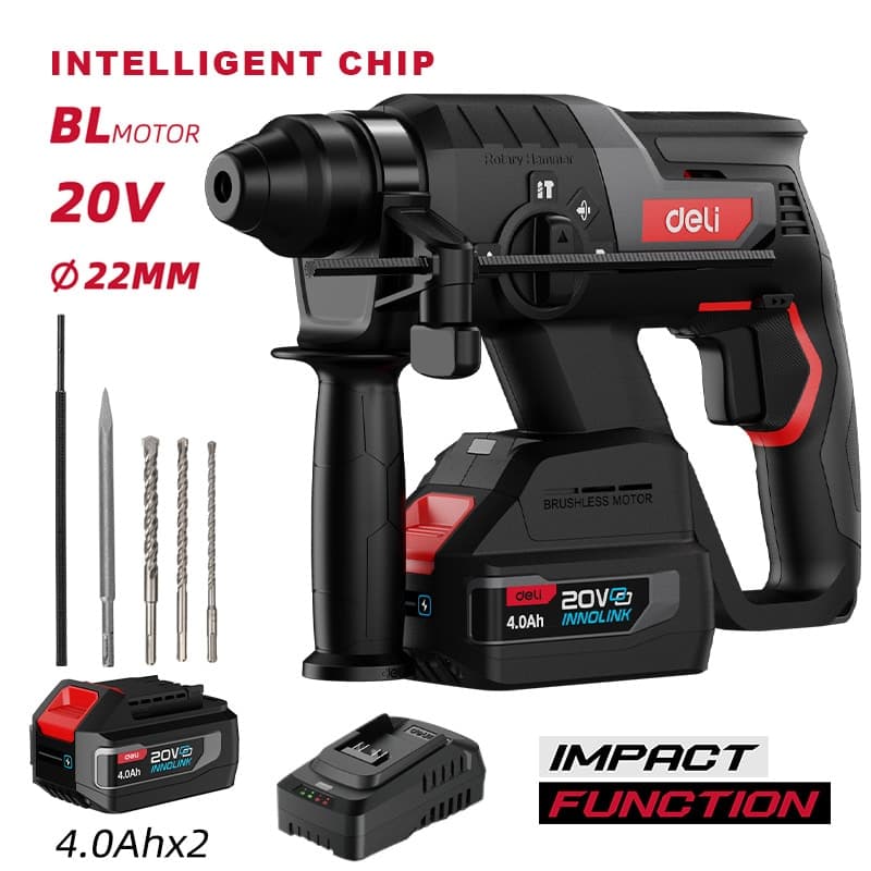 DELI κρουστικό σκαπτικό μπαταρίας DE-DC20-2D4, Brushless, 20V, 2x 4Ah, 2J
