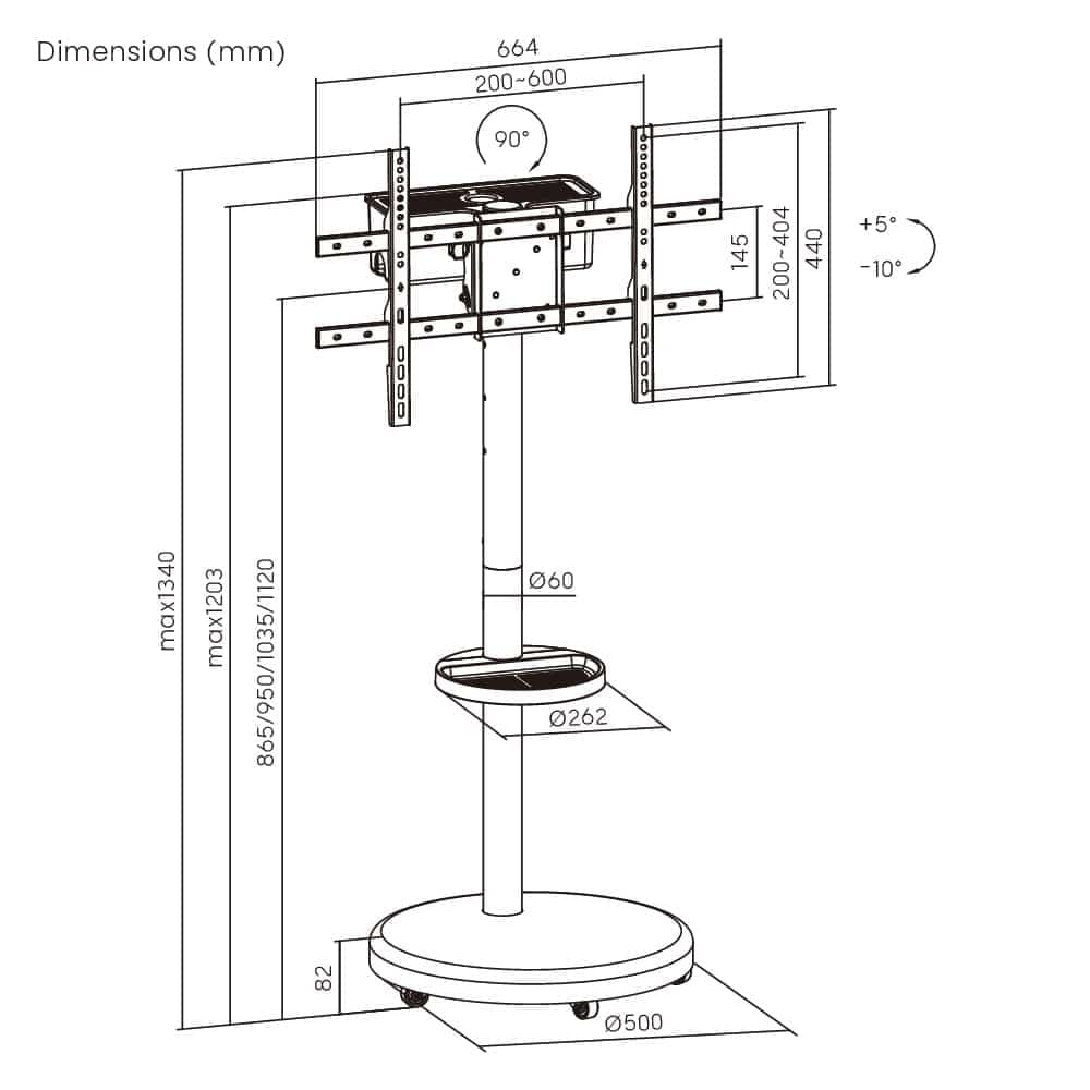 BRATECK βάση τηλεόρασης δαπέδου FS38-46TWE, 37-86", έως 50kg, με ράφι & cable management, ροδάκια, μαύρη 6