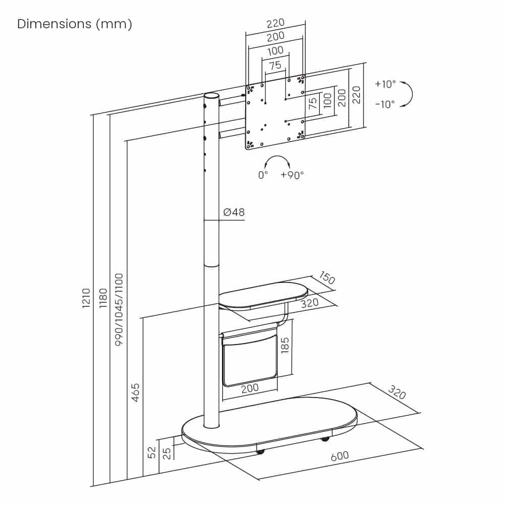 BRATECK βάση τηλεόρασης δαπέδου FS54-22T-02W, 17-43", έως 15kg, με ράφι & ροδάκια, μαύρη 6