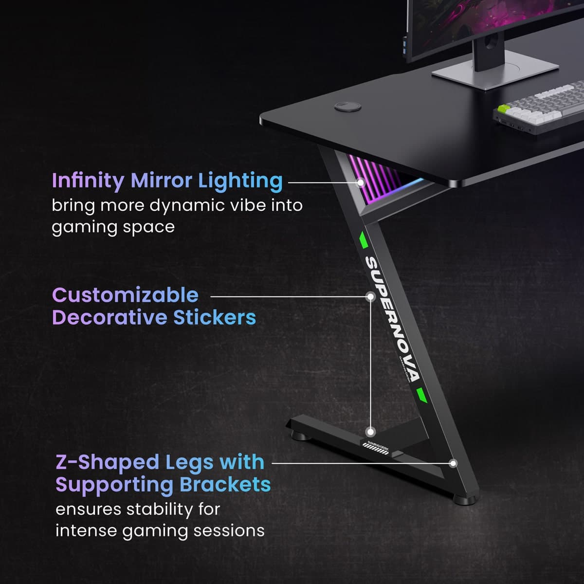 BRATECK gaming γραφείο GMD14-1 με RGB φωτισμό, 120x60x75cm, μαύρο 4