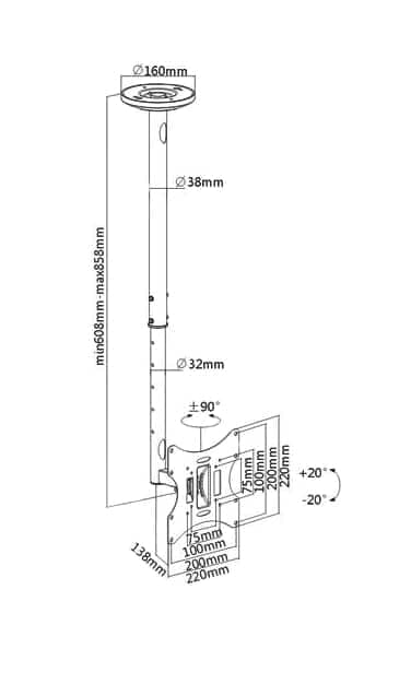 BRATECK βάση τηλεόρασης οροφής LCD-504A, 23-42", έως 30kg 2