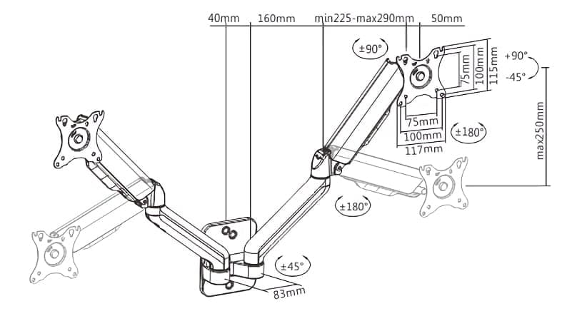 BRATECK επιτοίχια βάση για 2x οθόνες LDA32-114, 17-32", έως 9kg 4