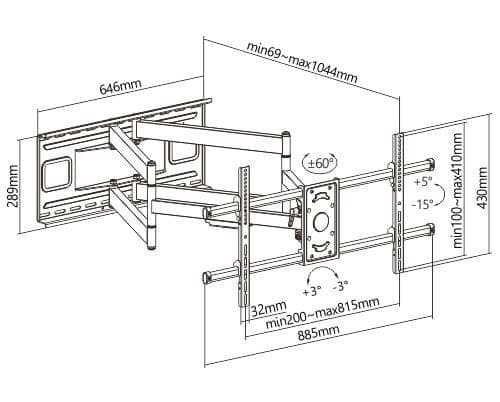BRATECK επιτοίχια βάση τηλεόρασης LPA49-486XLD, 43-90", 80kg, heavy duty, full motion 7