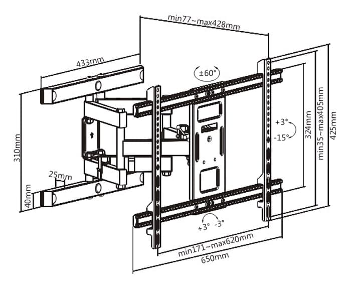 BRATECK επιτοίχια βάση τηλεόρασης LPA61-466, 37-80", έως 60kg, full motion 5