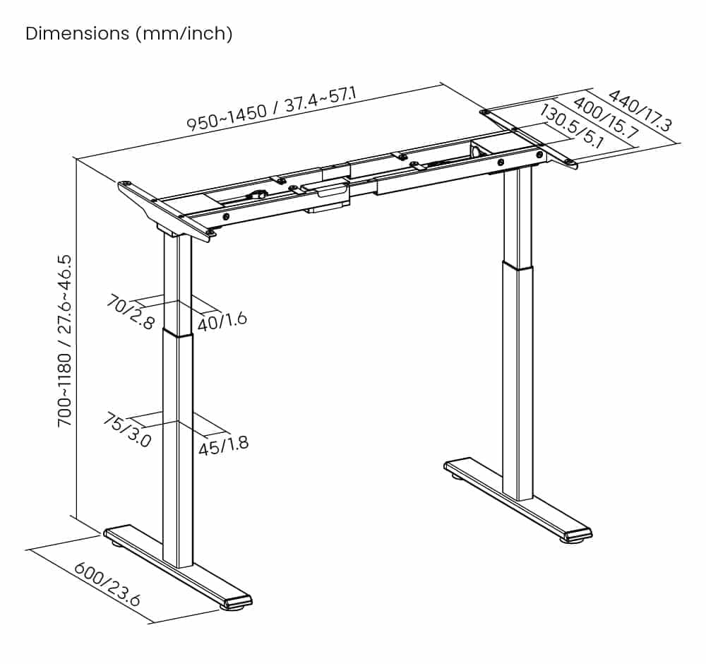 BRATECK σκελετός ηλεκτρικού γραφείου M12-22D, 95~145x60x70~118cm, μαύρο 6