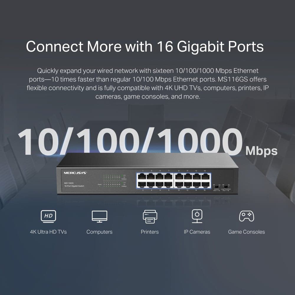 MERCUSYS επιτραπέζιος/rack mount switch MS116GS, 16x Gigabit θυρές, V1.0 2