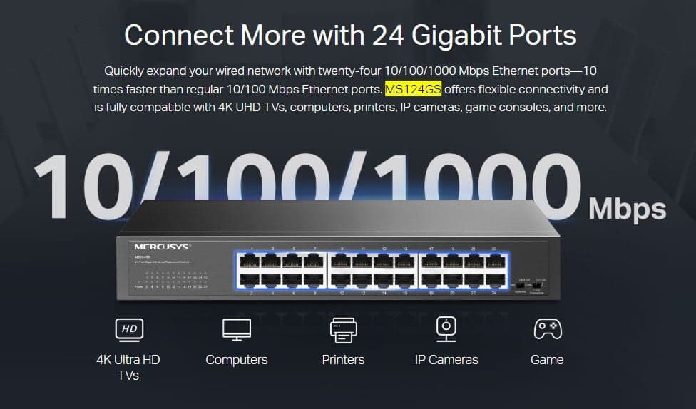 MERCUSYS desktop/rackmount switch MS124GS, 24x Gigabit θύρες, V1.0 2
