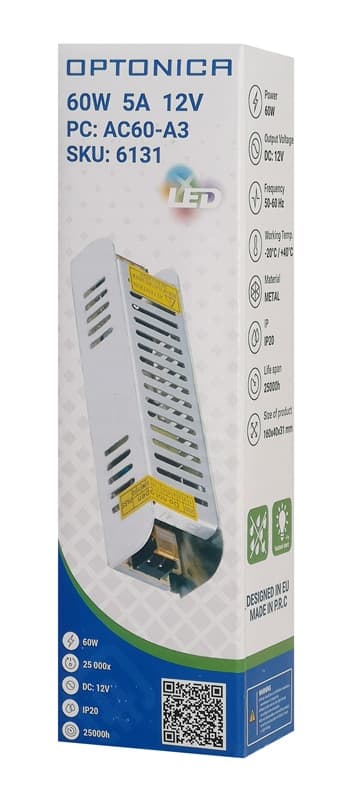 OPTONICA τροφοδοτικό LED καλωδιοταινίας 6131, 60W, 12V/5A 3