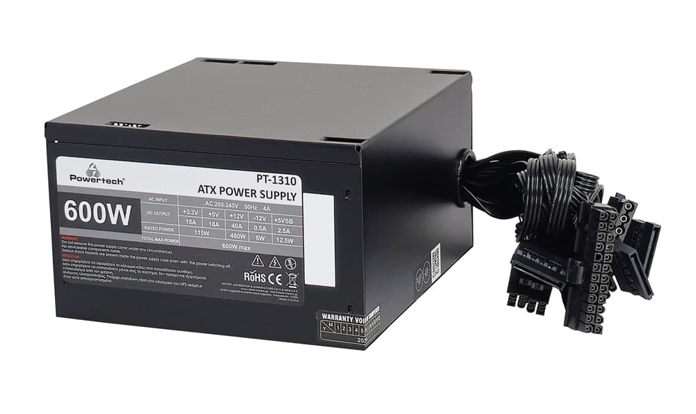 POWERTECH τροφοδοτικό PC PT-1310, 600W, ATX, 120mm Fan 3