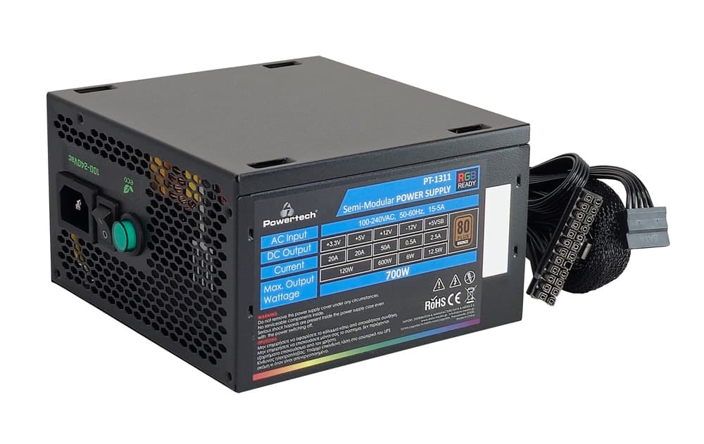 POWERTECH τροφοδοτικό PC PT-1311, 80PLUS Bronze, 700W, ATX, 120mm RGB Fan, Semi Modular 3