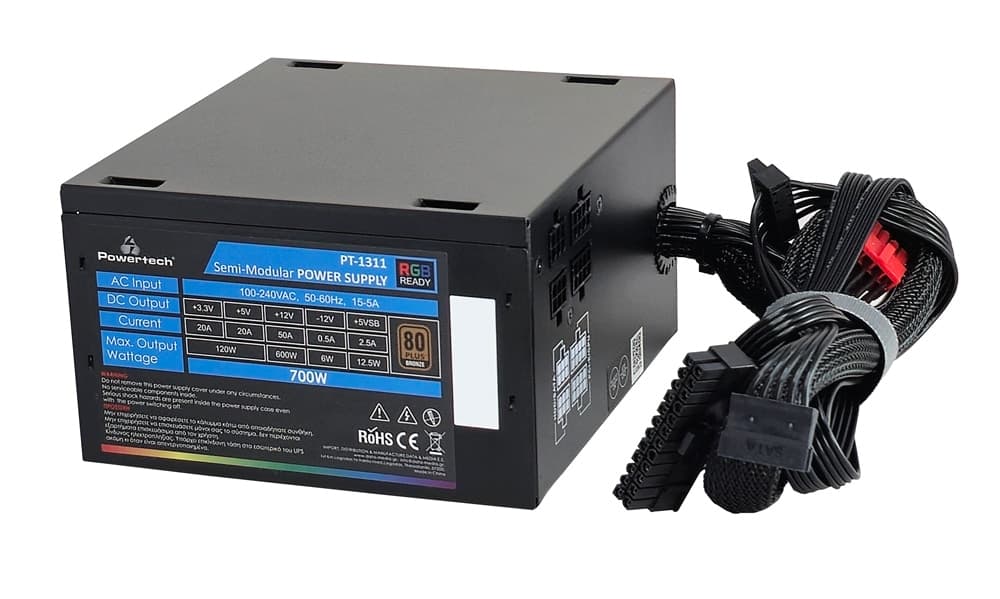 POWERTECH τροφοδοτικό PC PT-1311, 80PLUS Bronze, 700W, ATX, 120mm RGB Fan, Semi Modular 5