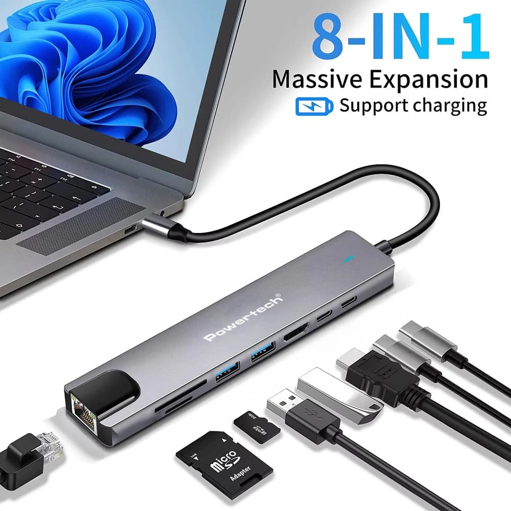 POWERTECH docking station PT-1537, 8 θυρών, USB-C σύνδεση, 100W PD, 1000Mbps, γκρι 2